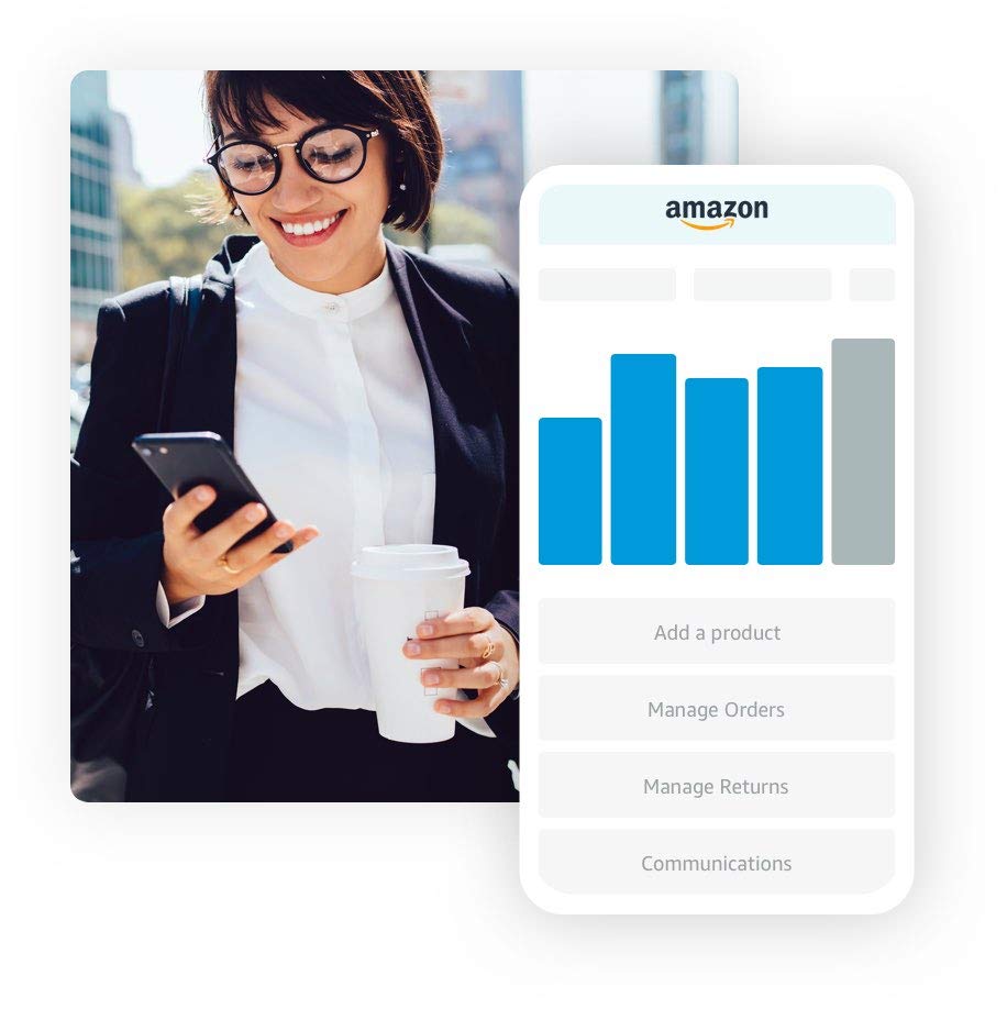 Woman in a black blazer looking at her account in the Amazon Seller mobile app