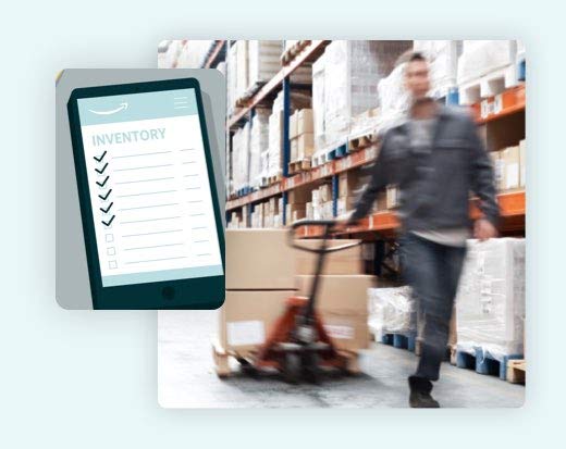 Man pulling packages on a trolley in an Amazon fulfillment center with a superimposed illustration of an inventory list