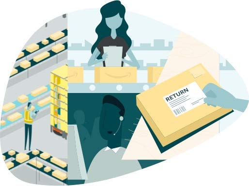 Illustrated woman standing in front of boxes on a conveyor belt in an Amazon fulfillment center