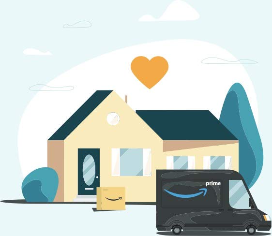 Illustrated house with an Amazon delivery van in front and an Amazon package at the door