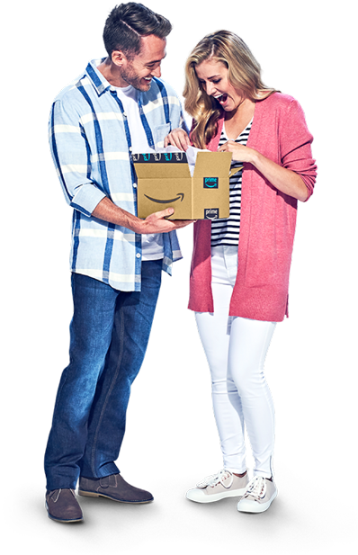 Man in a plaid shirt and woman in a pink sweater opening a package from Amazon fulfillment