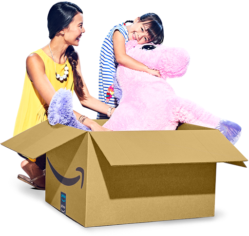 Amazon customers opening an Amazon package containing a large stuffed pink horse