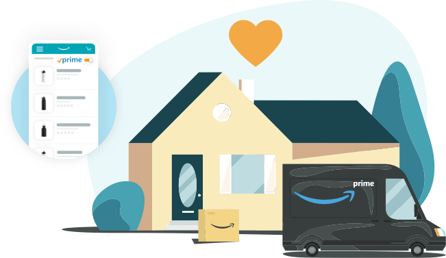 Illustration of an Amazon Prime truck delivering a package to a suburban home